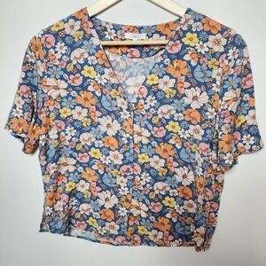 Jake's Floral Print V-Neck Button Up Short Sleeve Blouse Blue Orange Size Medium